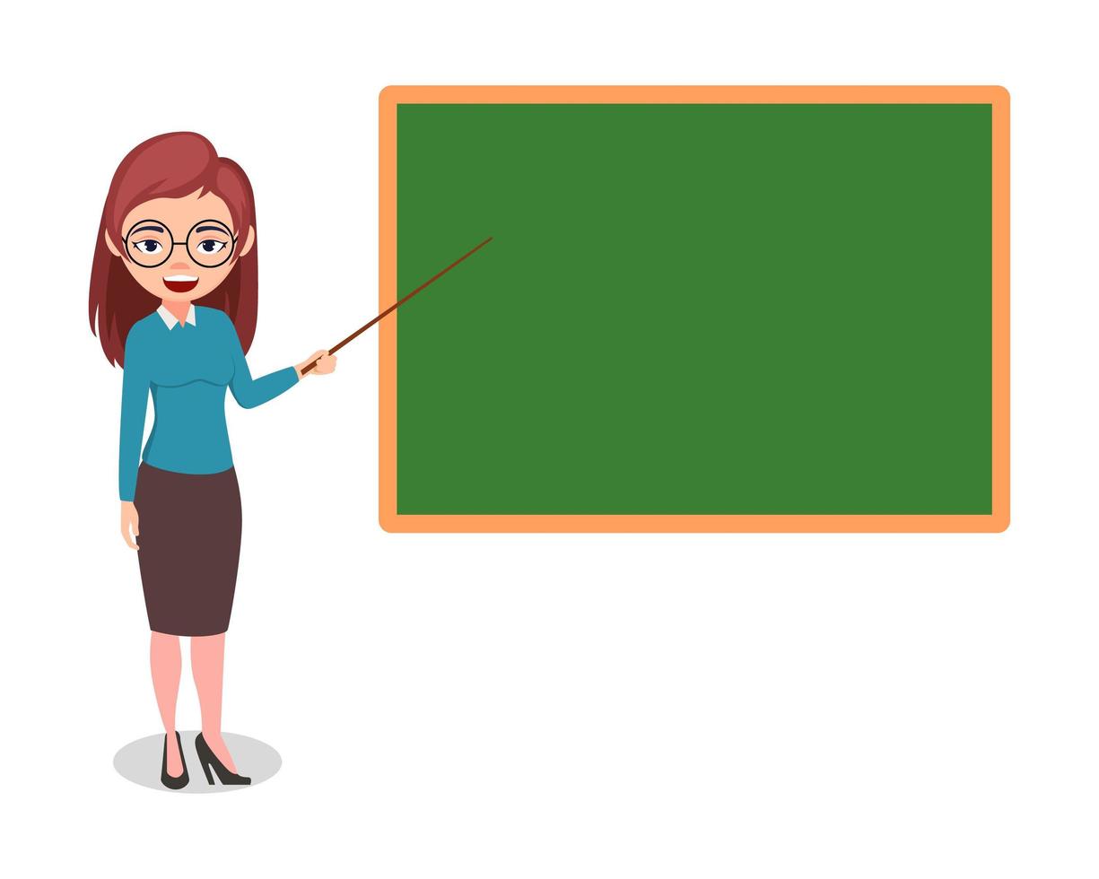 Businesswoman Holding Pointer Toward Blank Chalkboard vector