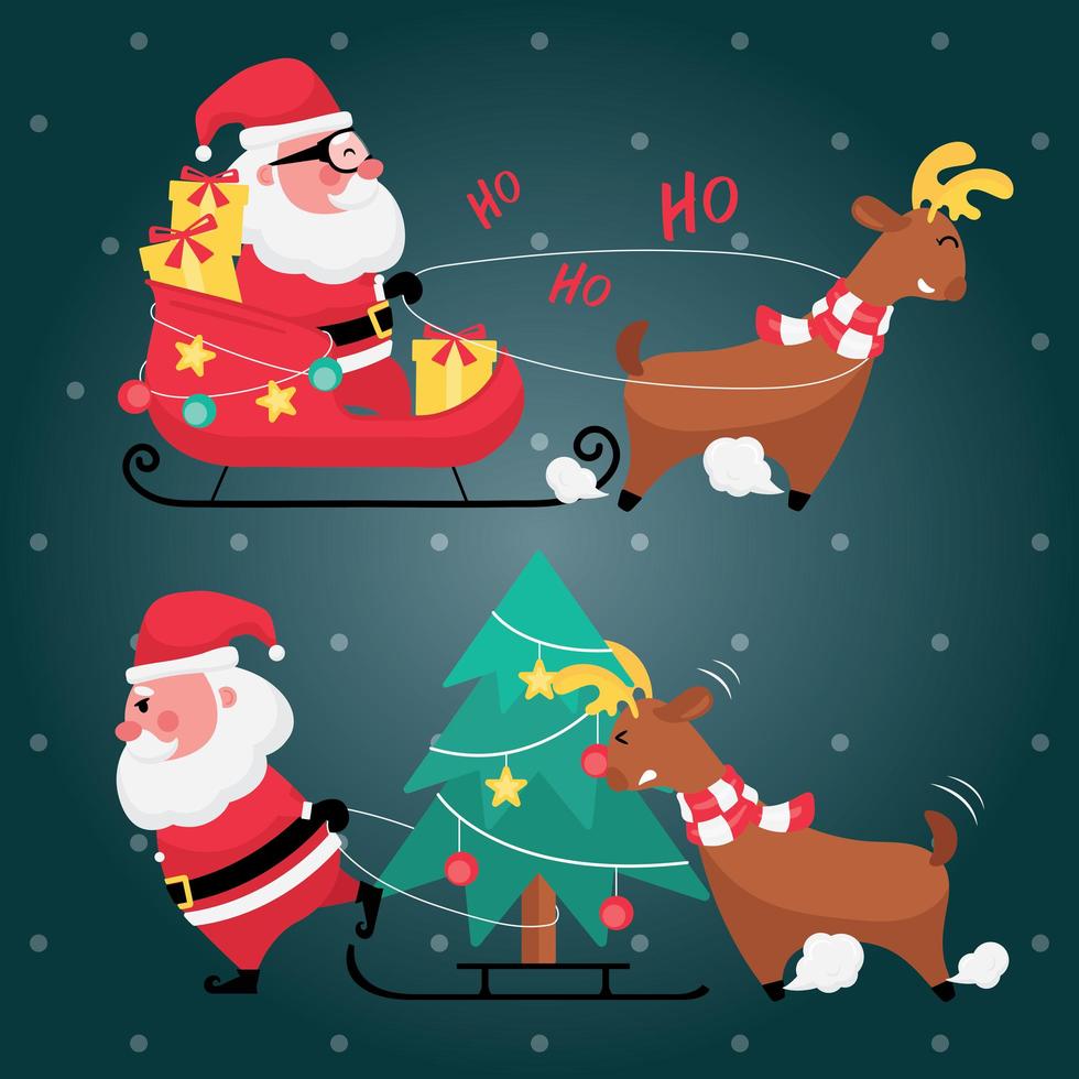 Set of santa claus, reindeer and christmas tree on blue background vector