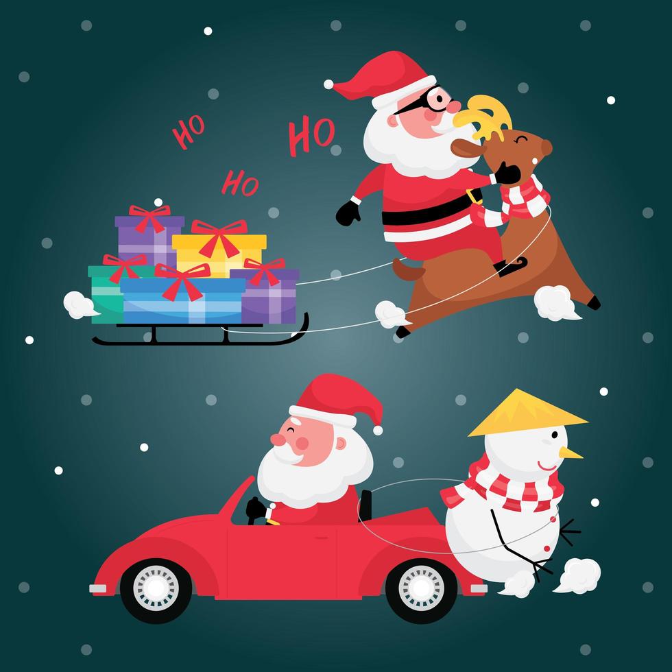 Conjunto de santa claus con coche rojo, renos, caja de regalo, carro y muñeco de nieve sobre fondo azul. vector