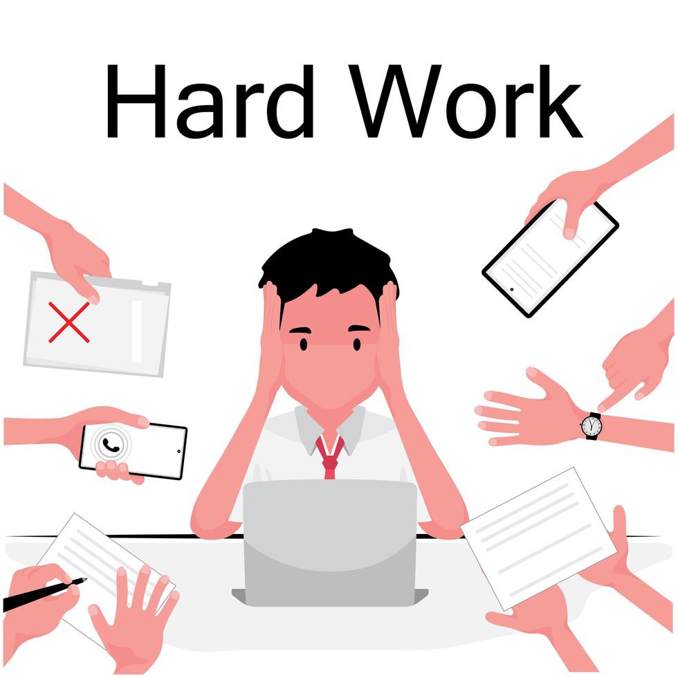 La imagen con exceso de trabajo muestra a un hombre ocupado sentado y trabajando en una computadora portátil, mientras que otros le dan más trabajos vector