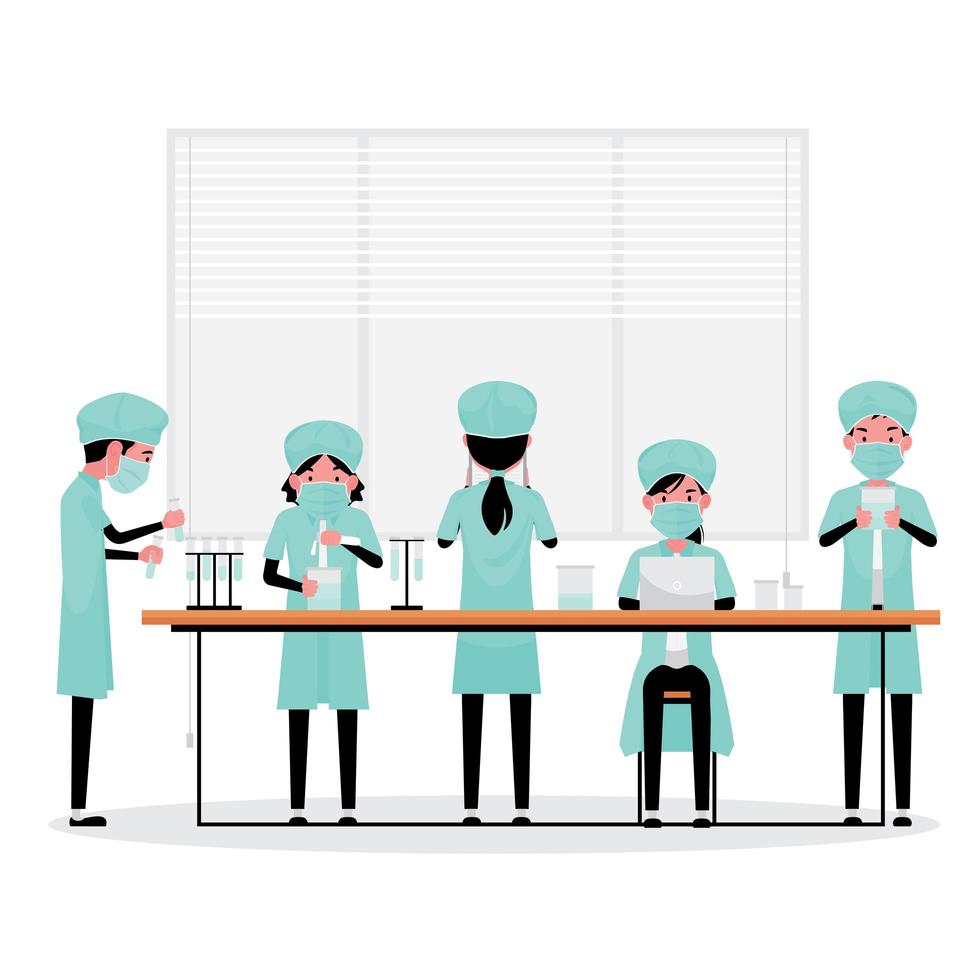 A cartoon set of medical staff or researcher working during Covid-19 or corona virus vector