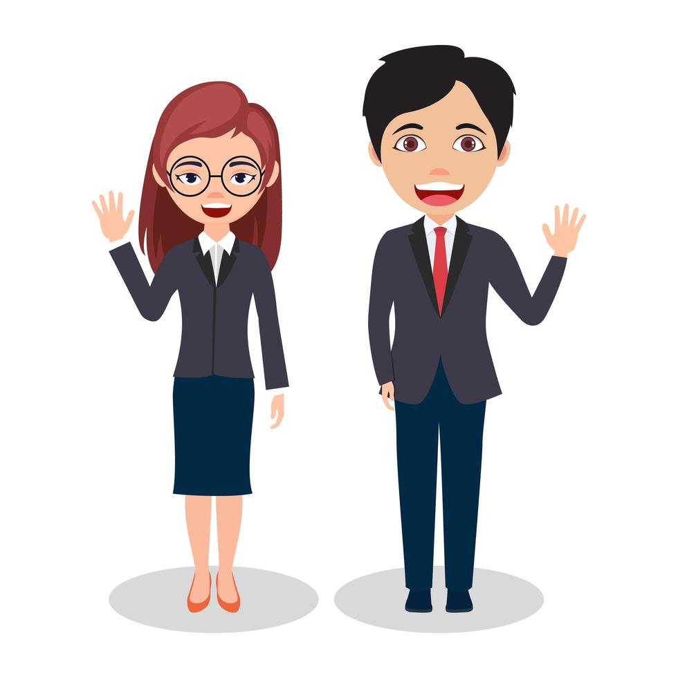 Couple Businessman and Businesswoman Characters Wearing Business Outfits and Waving vector