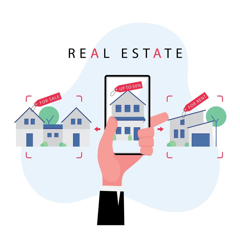 Hand holding mobile phone to search for a property or house for sale vector