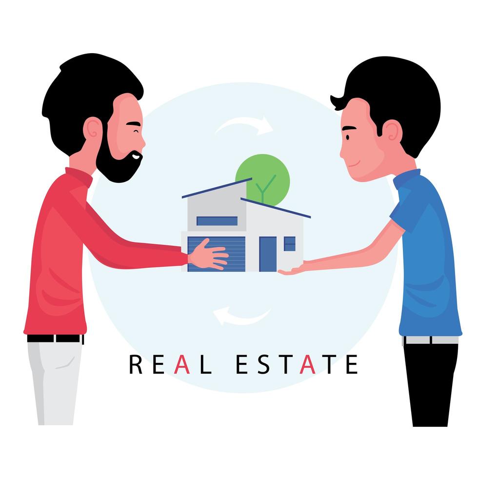 El agente inmobiliario entrega la casa al comprador después de finalizar el trato. vector