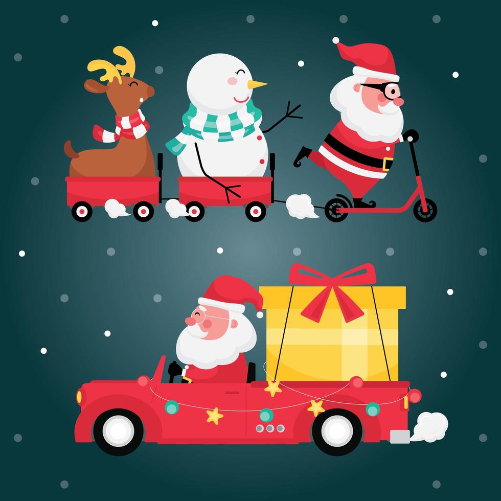 conjunto de santa claus con renos, muñeco de nieve, carro rojo y regalo en un coche con fondo azul oscuro vector