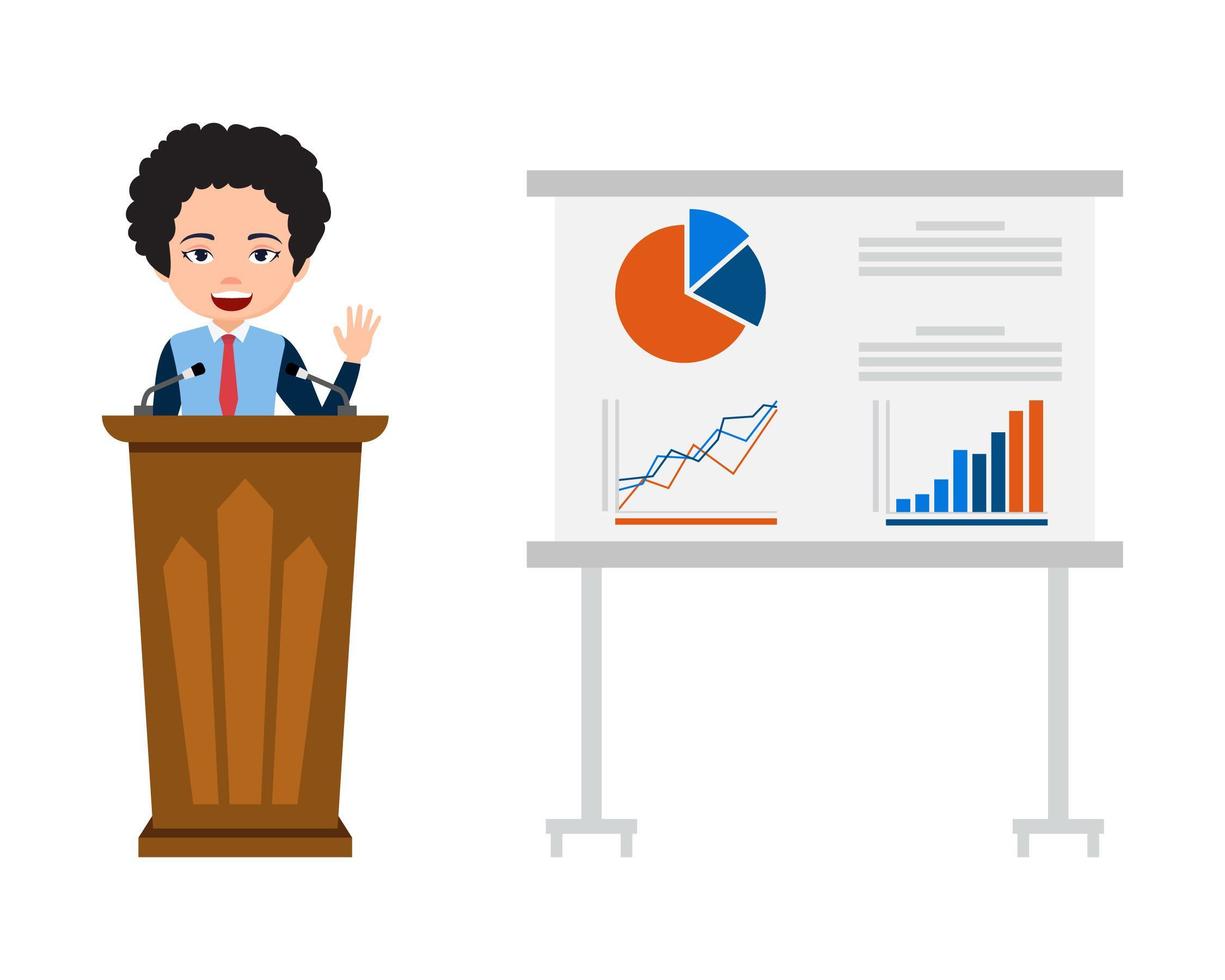 Businessman Character Speaks On The Podium and Shows Sales Graph vector