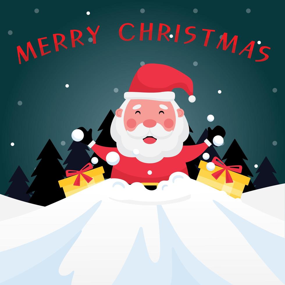 Dark blue greeting card with merry christmas text, santa claus, and yellow gift box vector