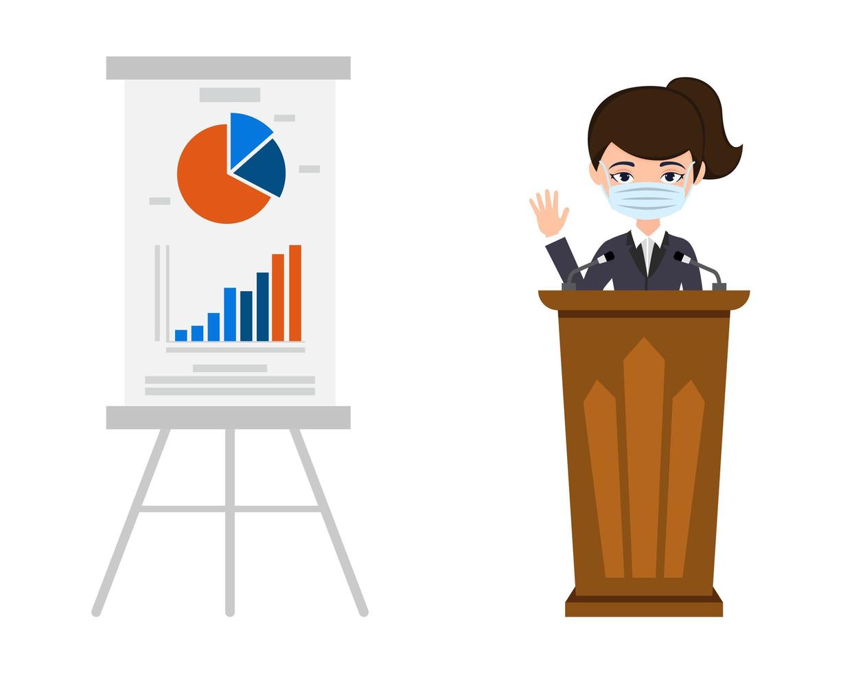 Businesswoman Character Speaks On The Podium and Shows Sales Graph Wearing Mask vector