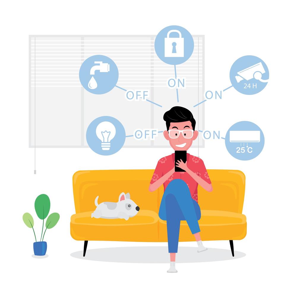 Smart home picture feature a man sitting on yellow sofa while controling electric appliance from phone vector