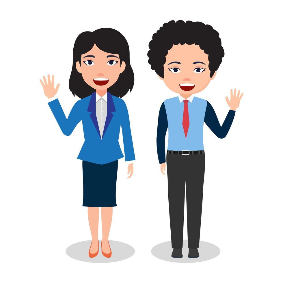 Couple Businessman and Businesswoman Characters Wearing Business Outfits and Waving Isolated on White vector