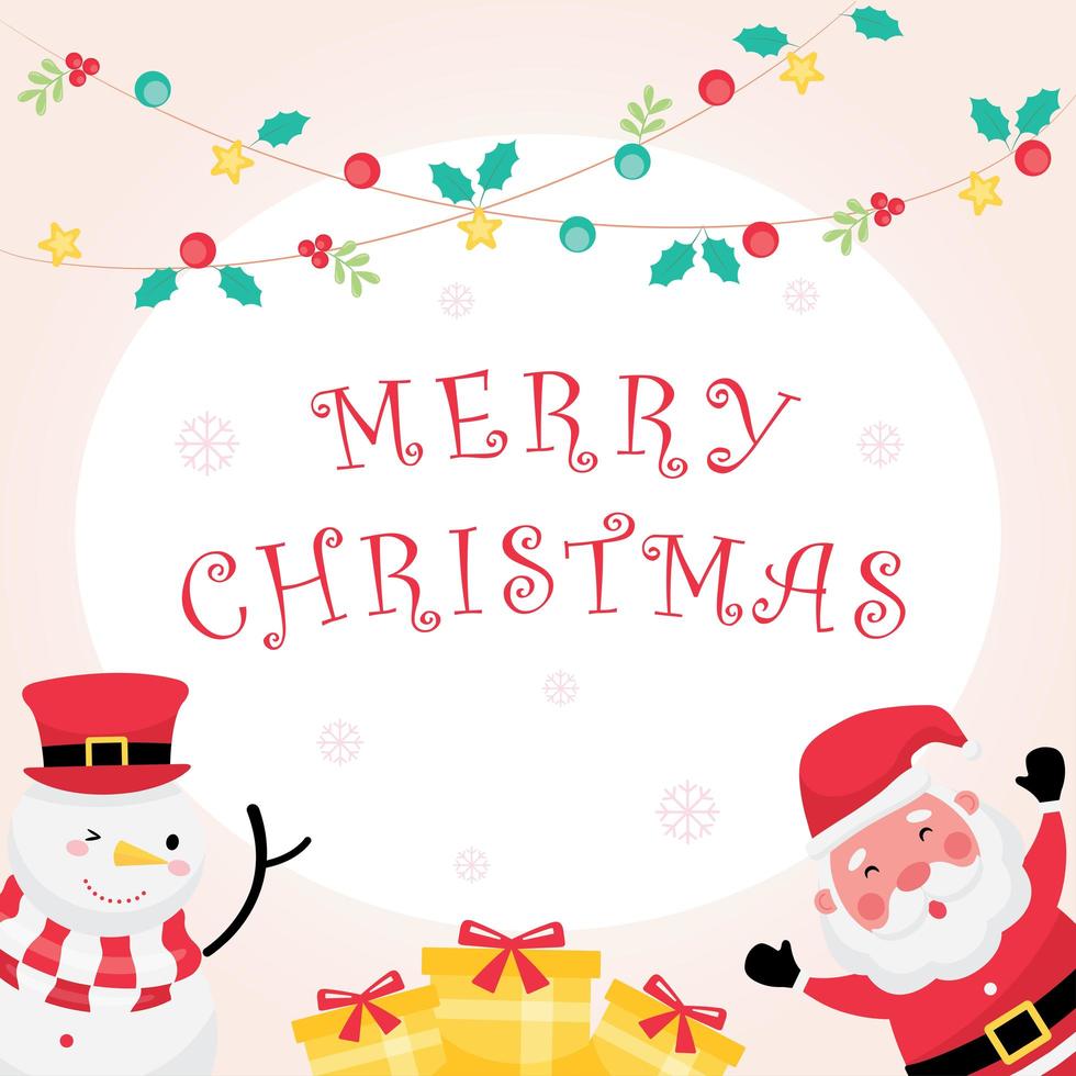 Pastel greeting card with merry christmas text, santa claus, snowman and gift vector