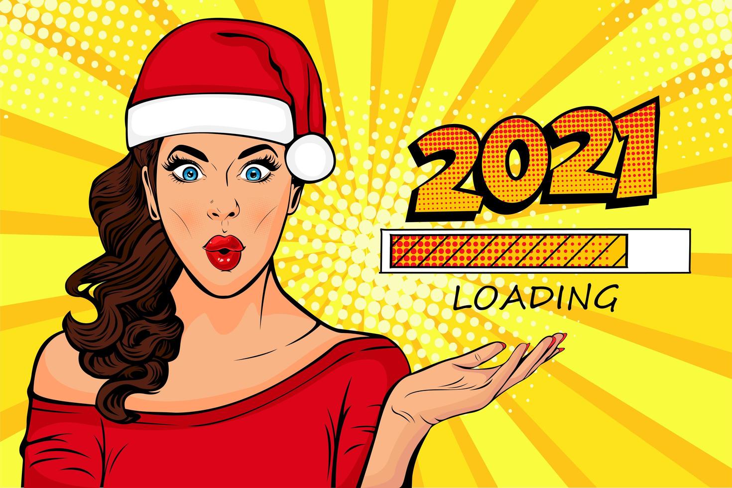 Waiting for new year. Pop art Brunette girl looking at 2021 loading process vector