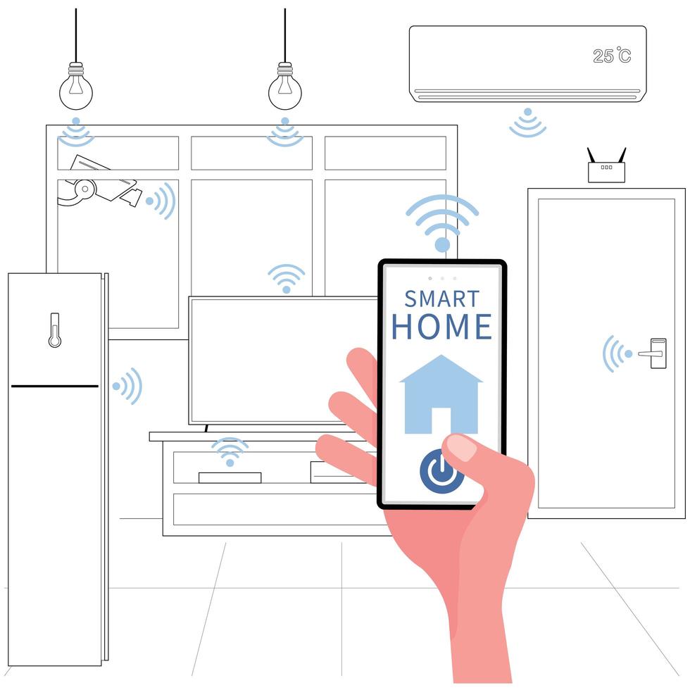 Smart home picture features a hand holding phone to control electric appliances in the house vector