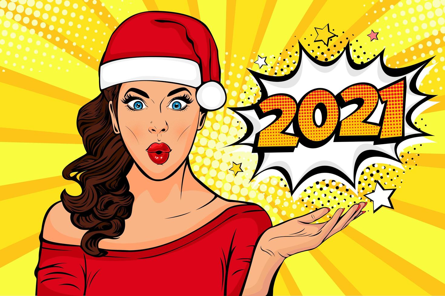 Waiting for new year. Pop art Brunette girl looking at 2021 vector