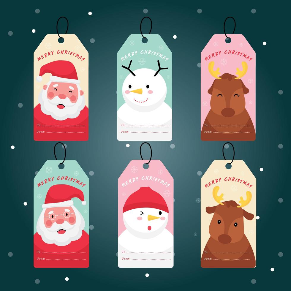 Papá Noel, muñeco de nieve y renos en un marcador, etiqueta o insignia vector