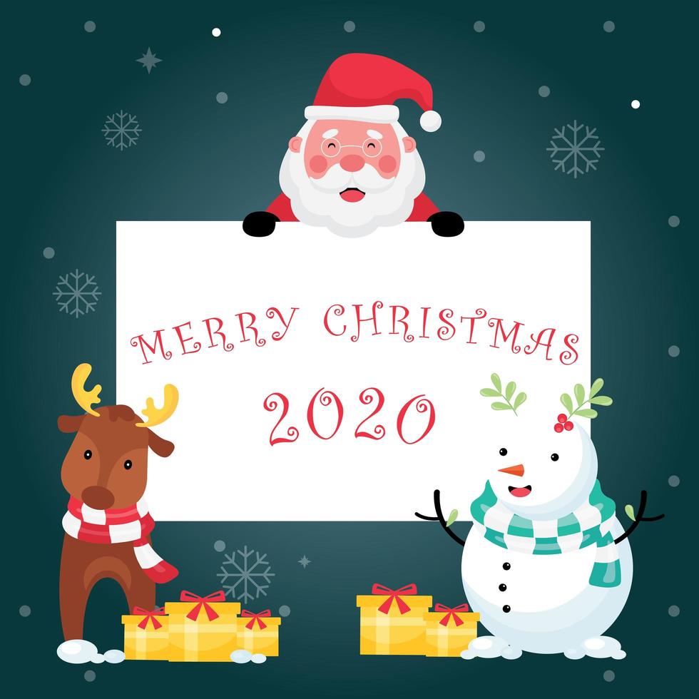 tarjeta de felicitación azul oscuro con texto de feliz navidad, santa claus, renos y muñeco de nieve vector