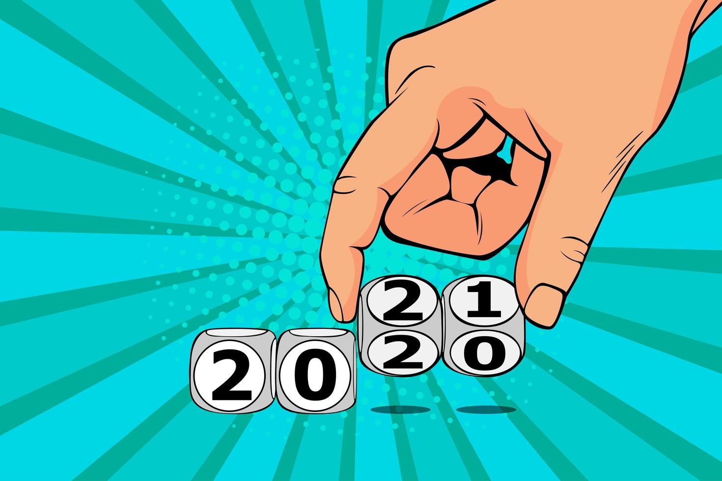 Woman hand switch cube from 2020 to 2021. Colorful illustration in pop art retro comic style. vector
