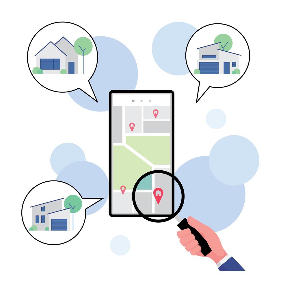 Hand with magnifier searching house for sale on mobile phone vector