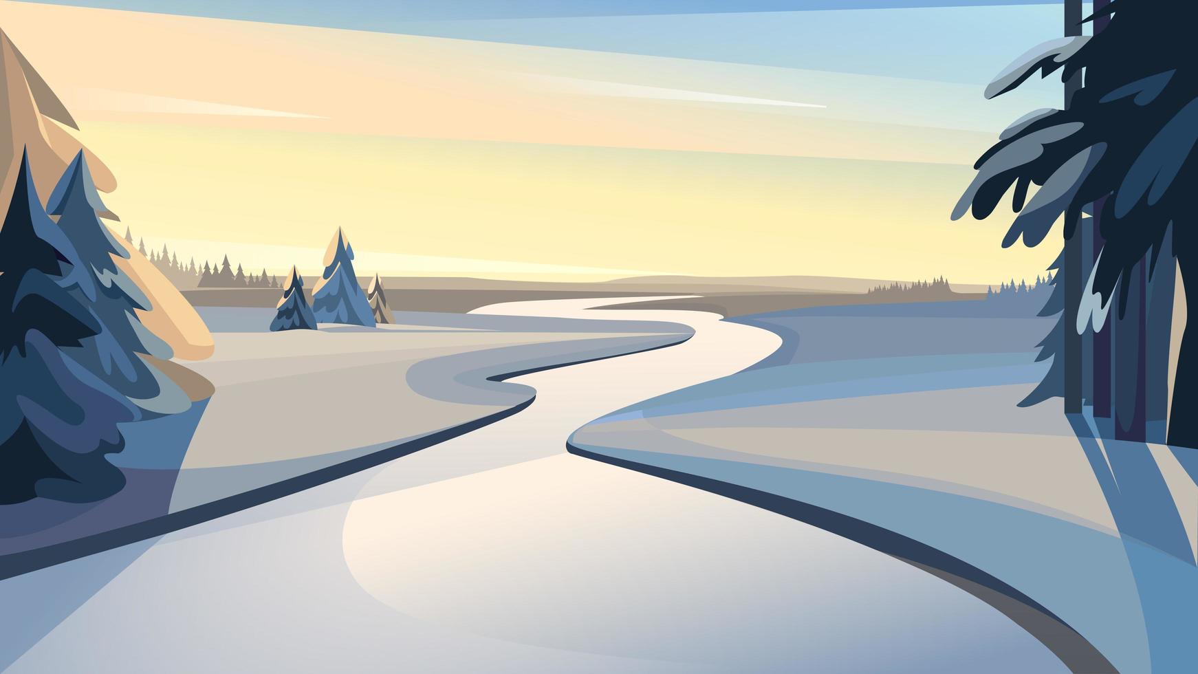 Frozen river at sunset. vector