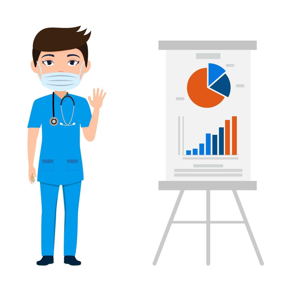 Character Male Nurse Waving with Presentation Board vector