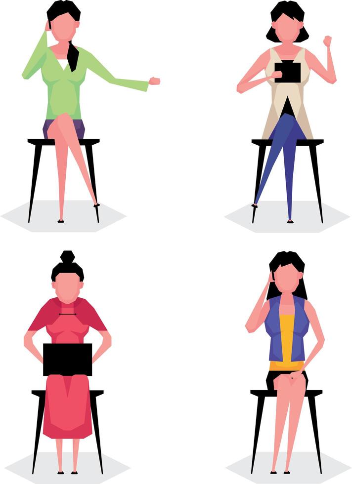 un conjunto de personajes de dibujos animados de una mujer que trabaja sentada en una silla y usando una computadora portátil vector