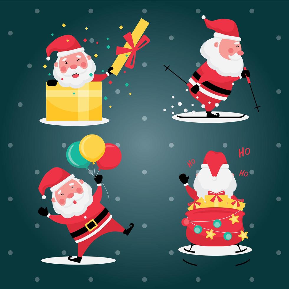 Set of santa claus with gift, and balloon on a light blue background vector