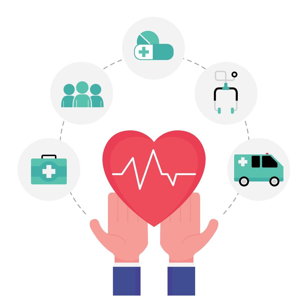 Hand holding heart circle with vector icons of medical, and ambulance
