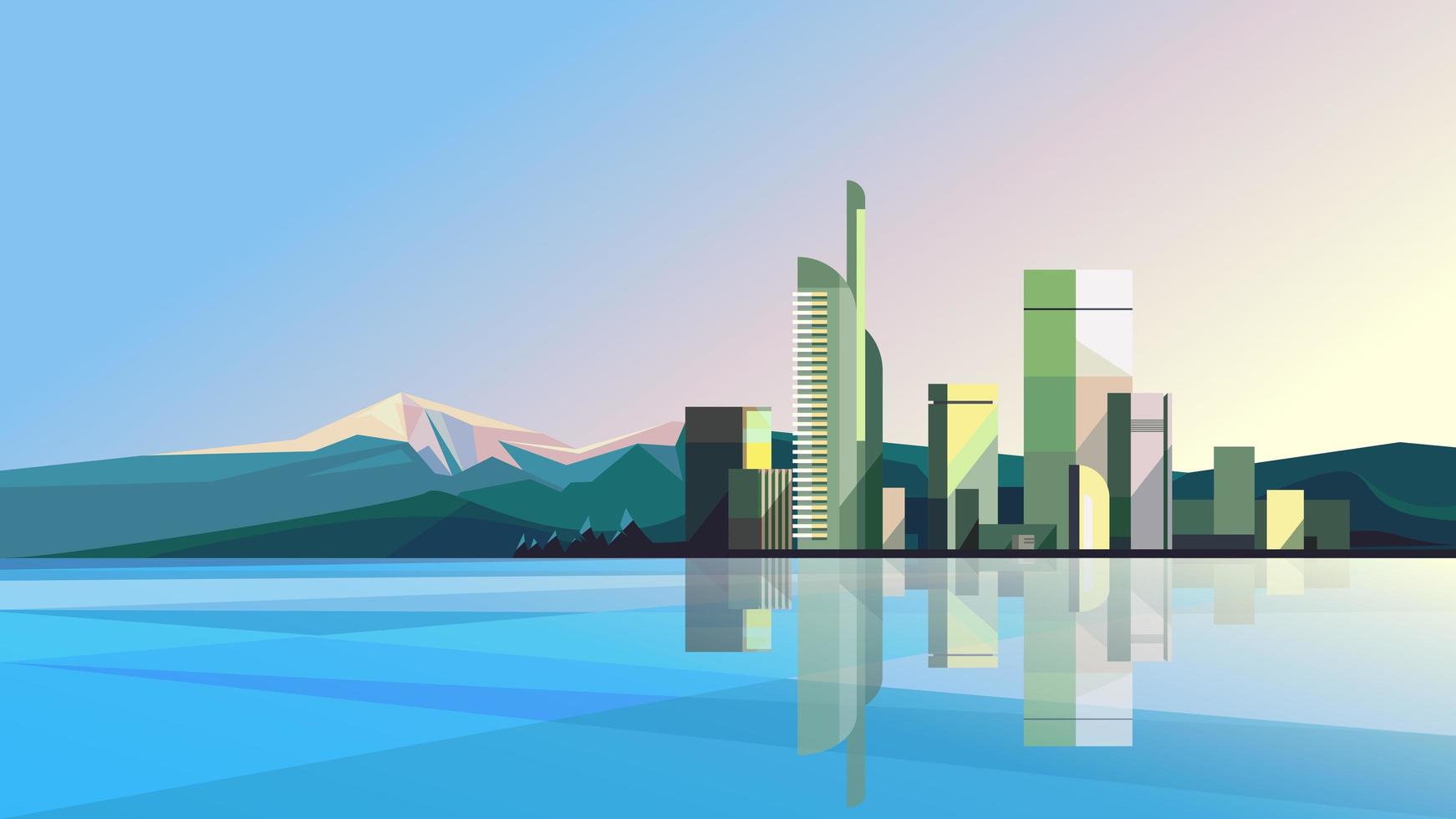 ciudad moderna con lago y montañas. vector