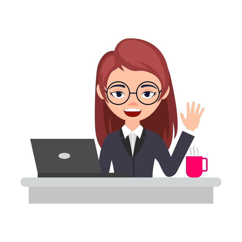 mujer de negocios, en el escritorio, con, computadora portátil, y, taza vector