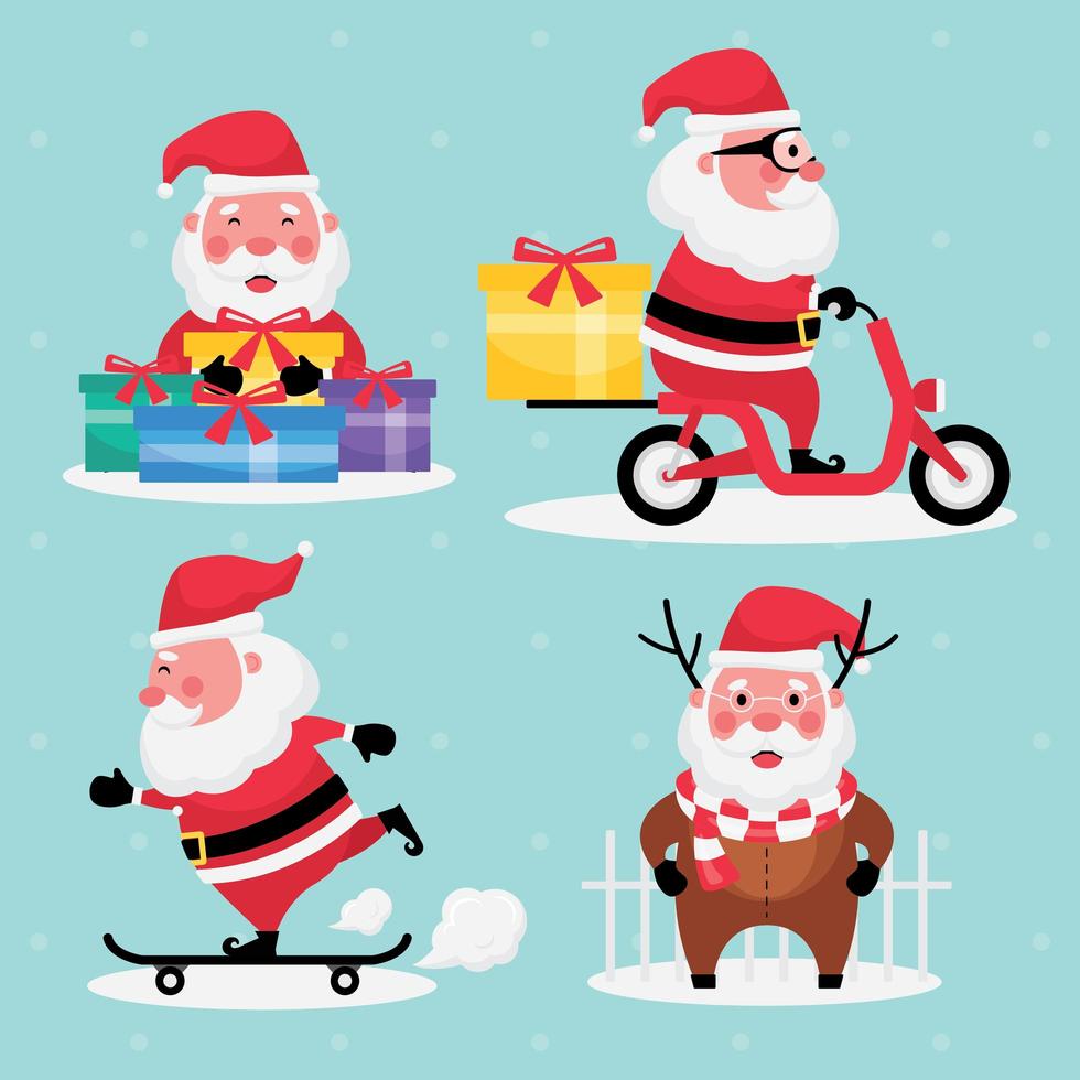 Set of santa claus with gift, riding motorbike, and skateboard on a light blue background vector