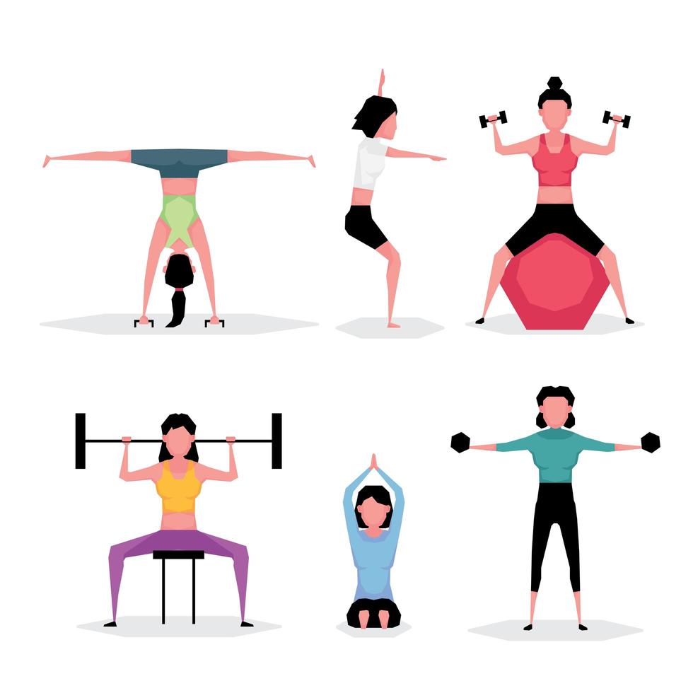 A cartoon character set of exercise woman showing lady holding dumbbell and doing yoga vector