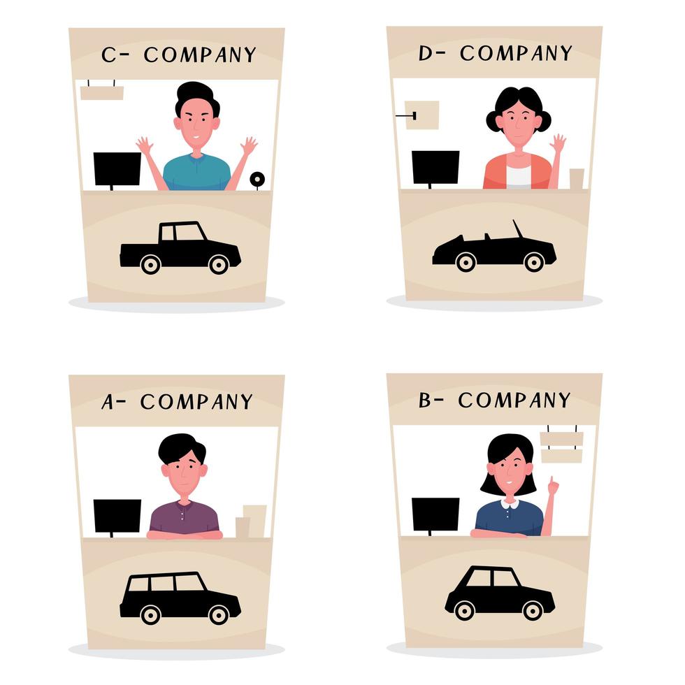 una caricatura que muestra un negocio de alquiler de autos presenta un conjunto de imágenes del comerciante sentado en el mostrador vector