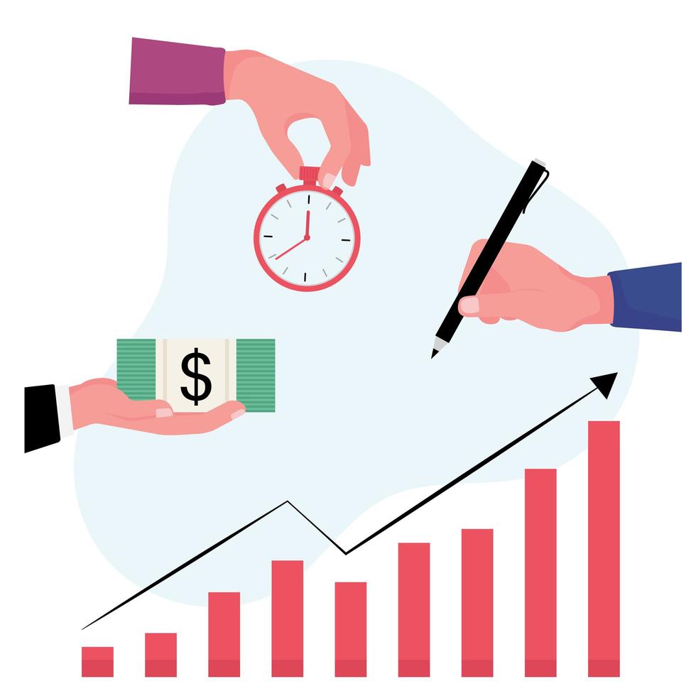 Investment plan showing a hand holding clock and dollar bill vector