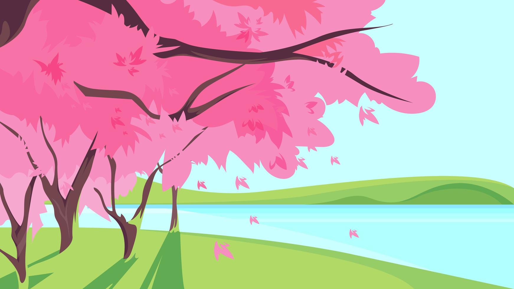 Blooming sakura on river bank. vector