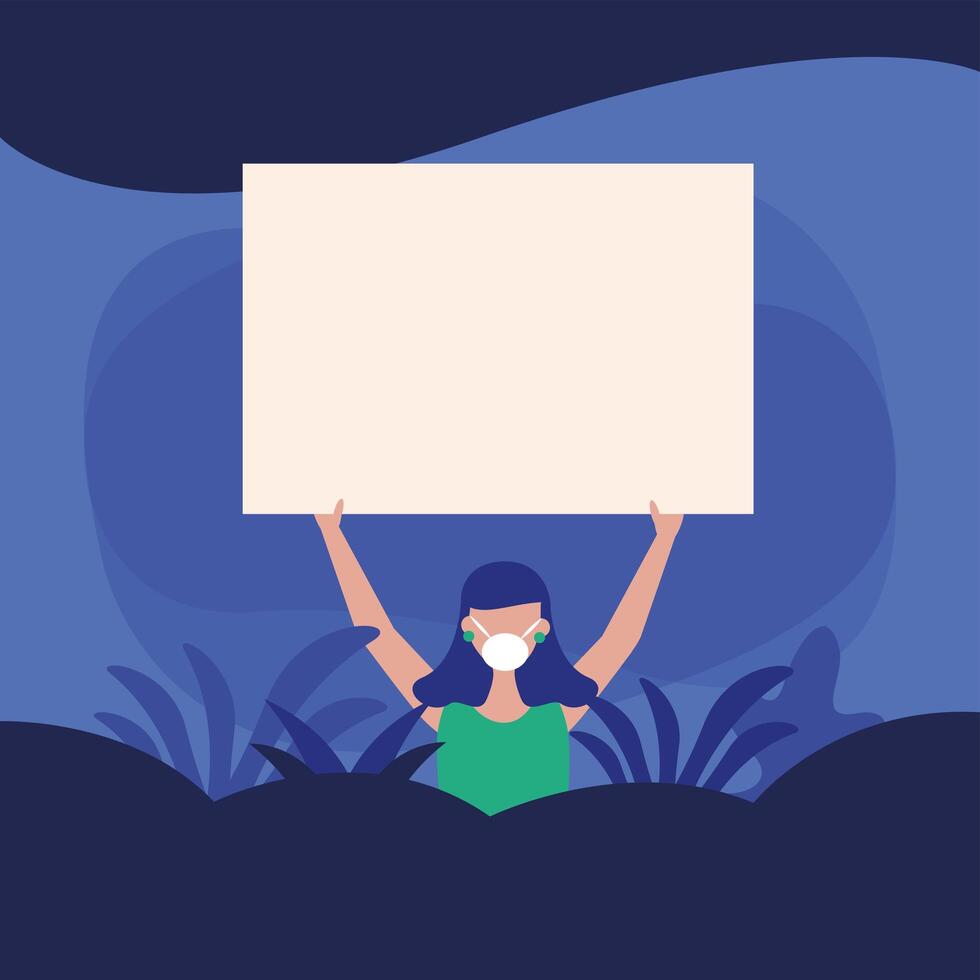 Woman with medical mask and banner board design vector