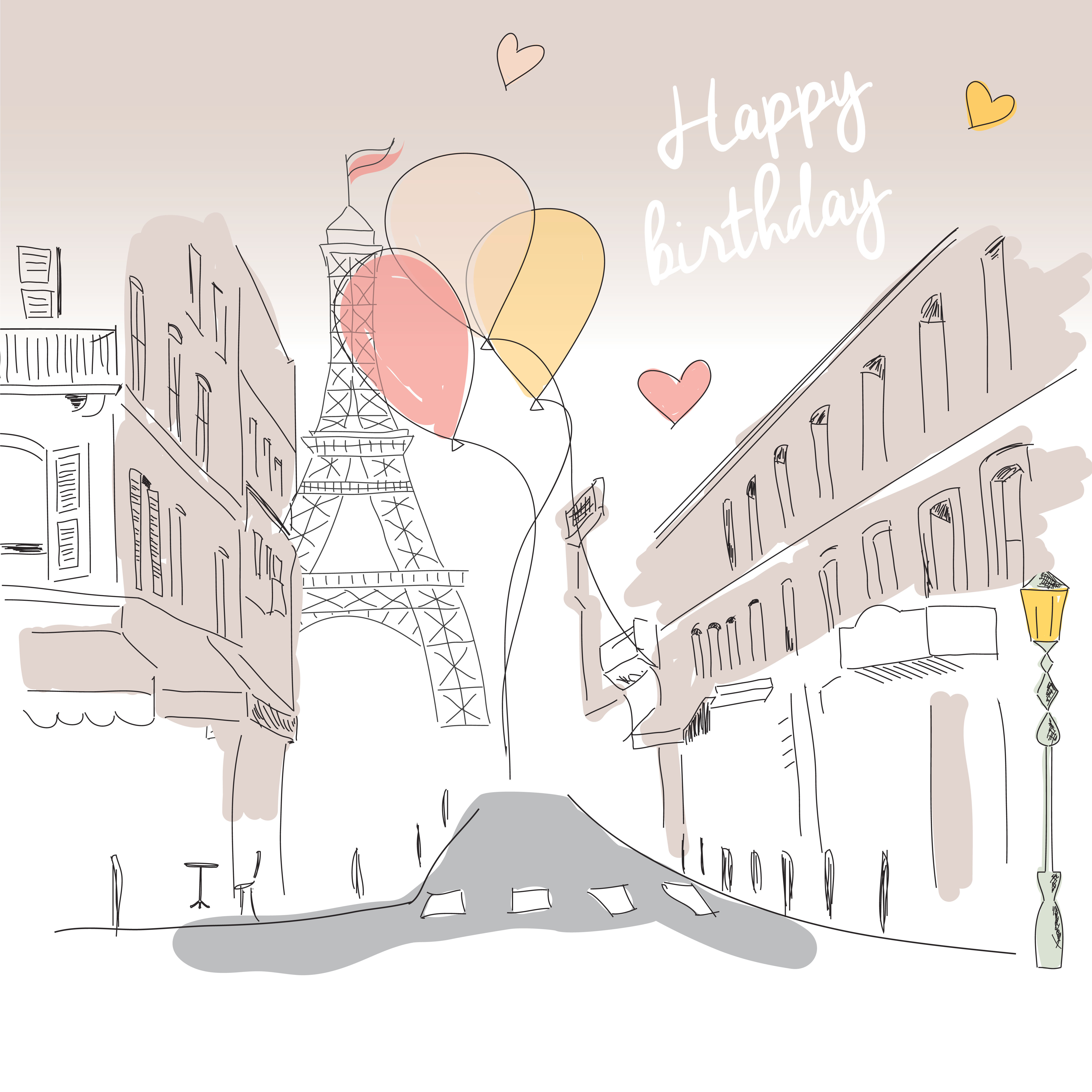 Happy birthday card from Paris street, Eiffel tower and balloons, hand