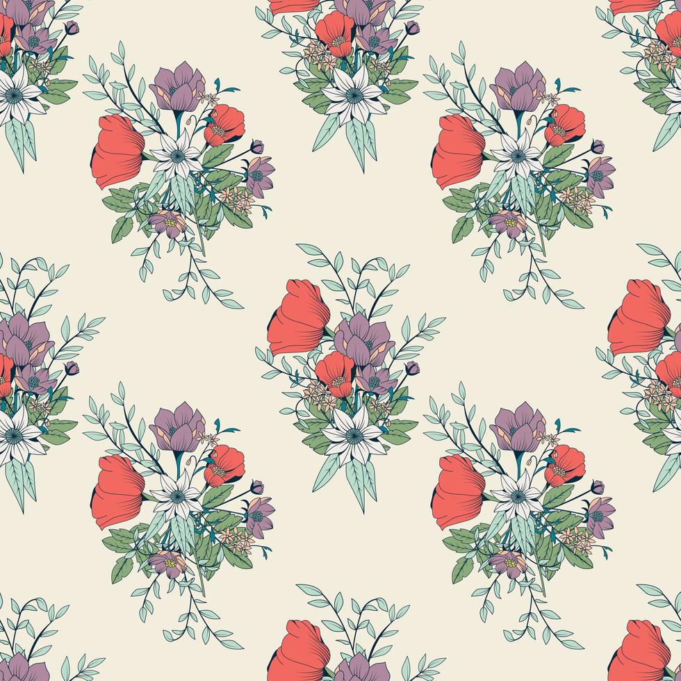 Seamless pattern design with hand drawn flowers and floral elements vector