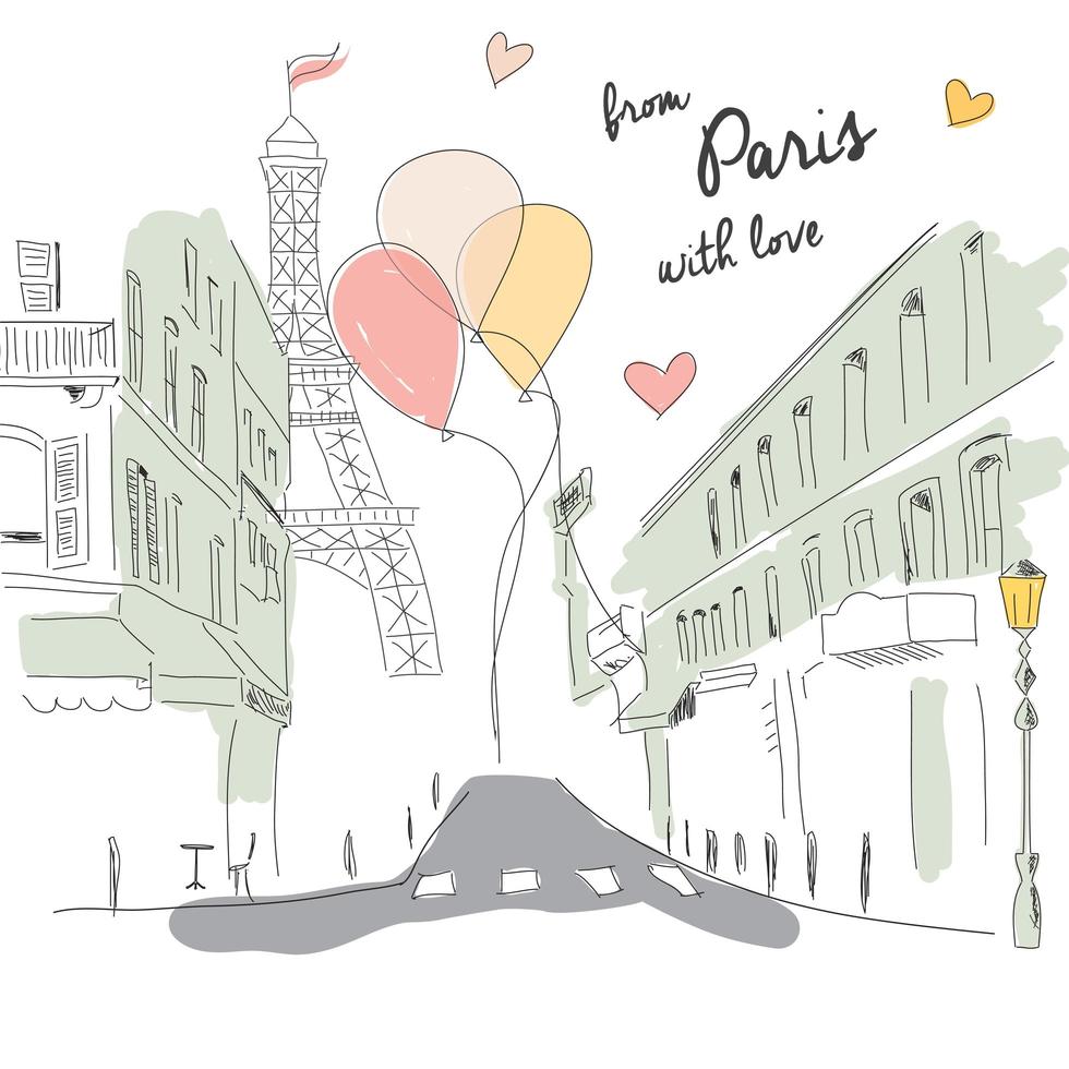 Postcard from Paris street, Eiffel tower and balloons, hand drawn vector