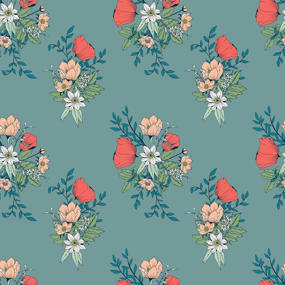 Seamless pattern design with hand drawn flowers and floral elements vector