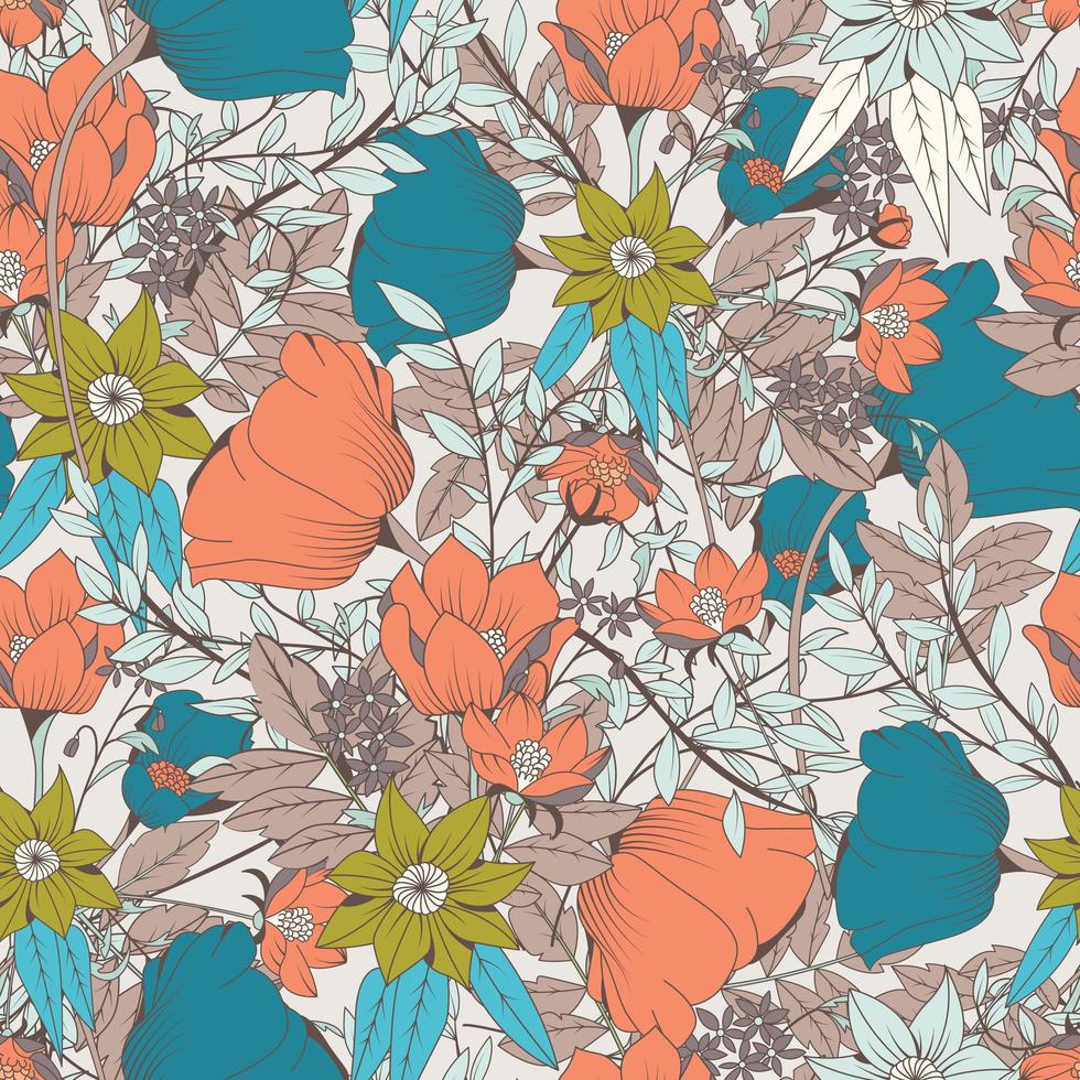 Seamless pattern design with hand drawn flowers and floral elements vector