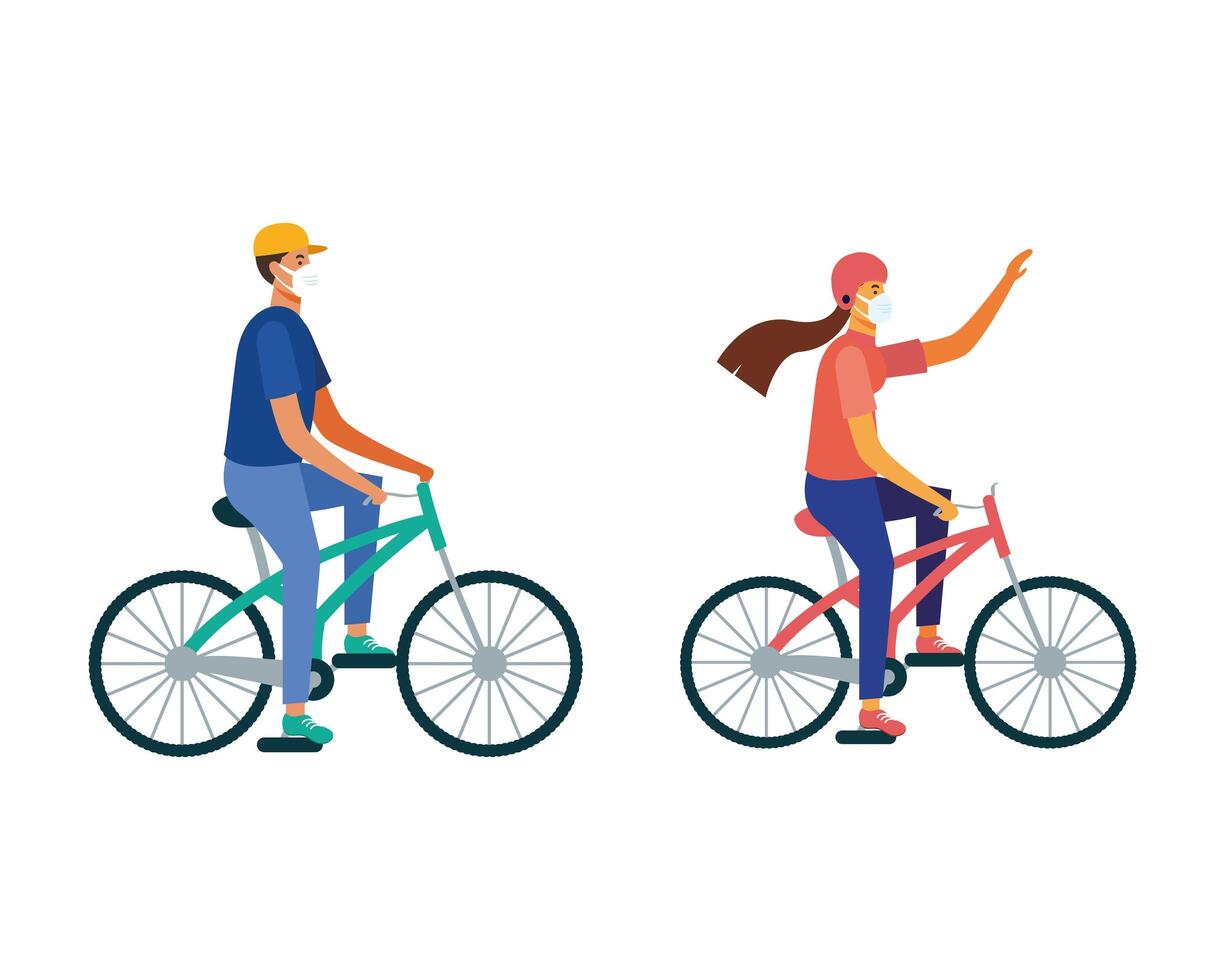 man and woman with mask riding bike vector design