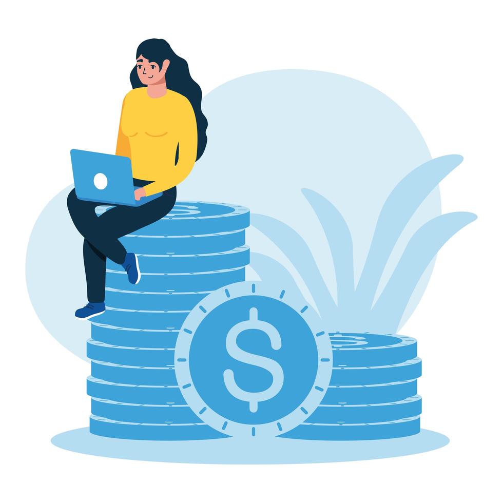 woman avatar with laptop and coins vector design