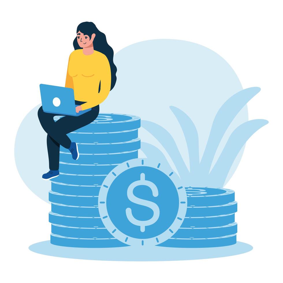 woman avatar with laptop and coins design vector