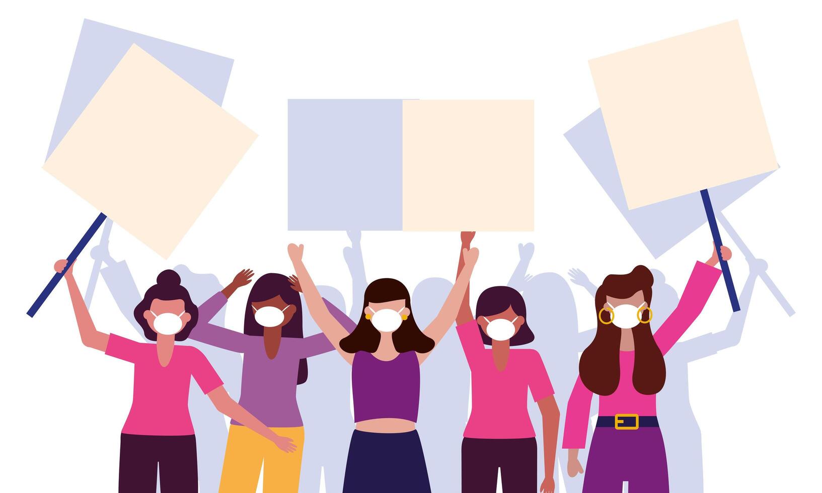 Women with medical masks and banners boards design vector