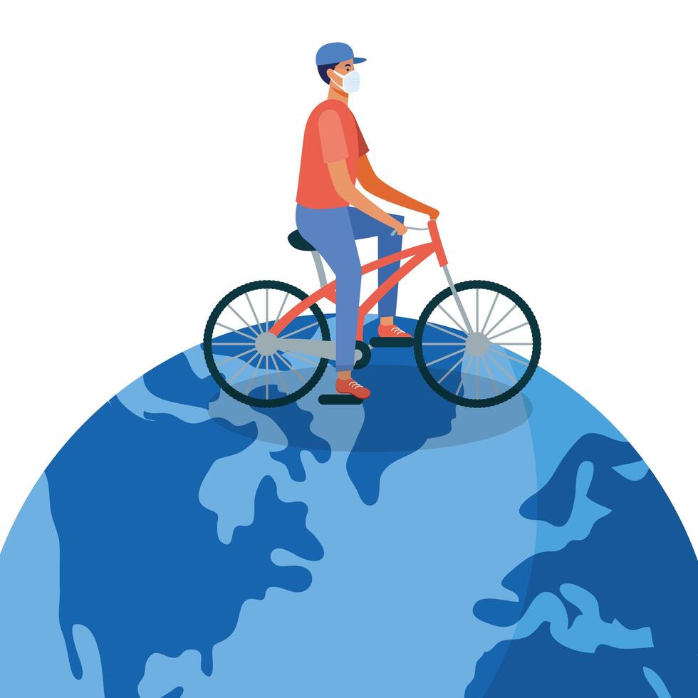 Man with medical mask with bike on world design vector