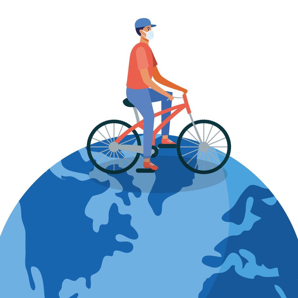 Hombre con máscara médica con bicicleta en diseño vectorial mundial vector