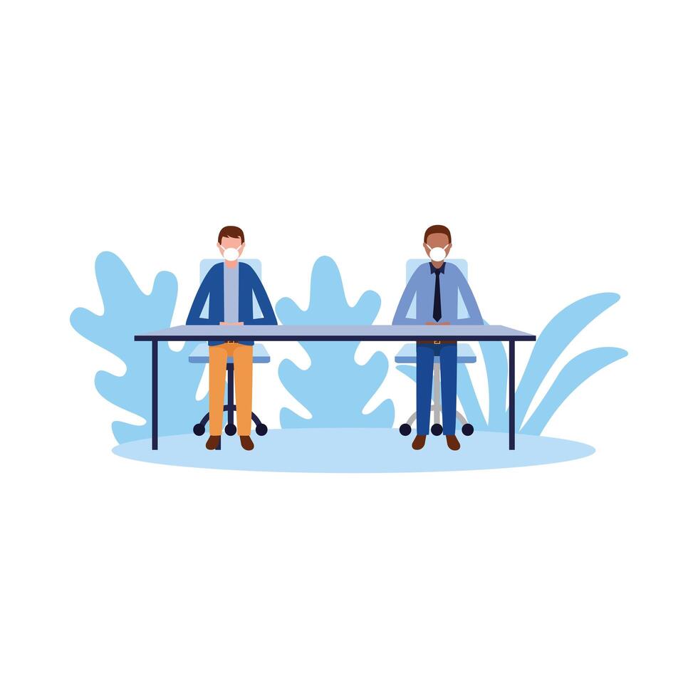 Men with masks on table design vector
