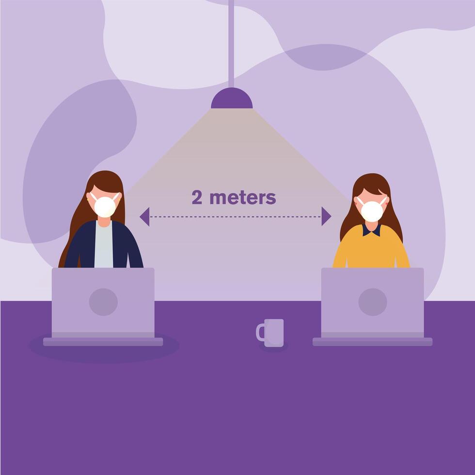 Office distancing between women with masks and laptops design vector
