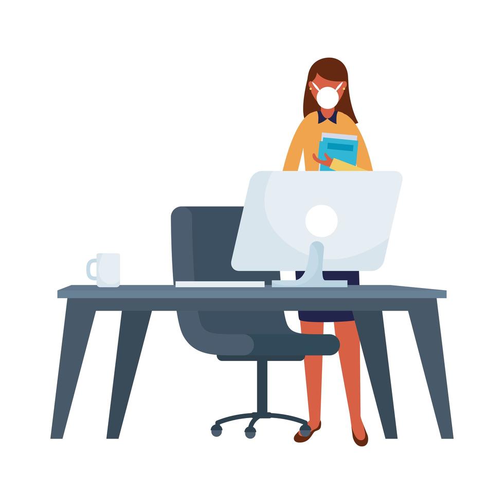 Woman with medical mask, desk, and computer vector design