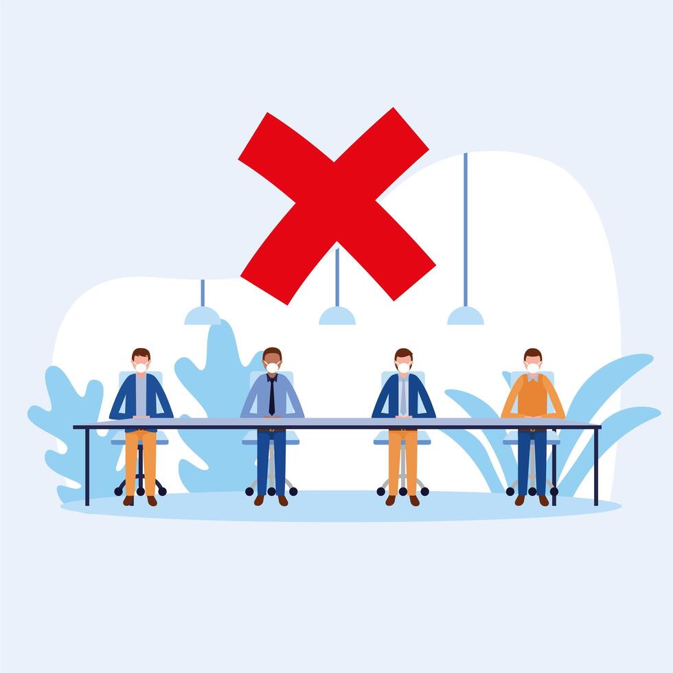 Office distancing between men with masks on table design vector